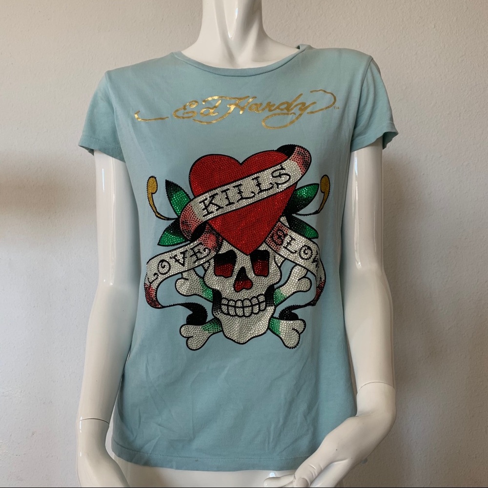 Rare Vintage Swarovski Crystal Bedazzled Ed Hardy T-Shirt
